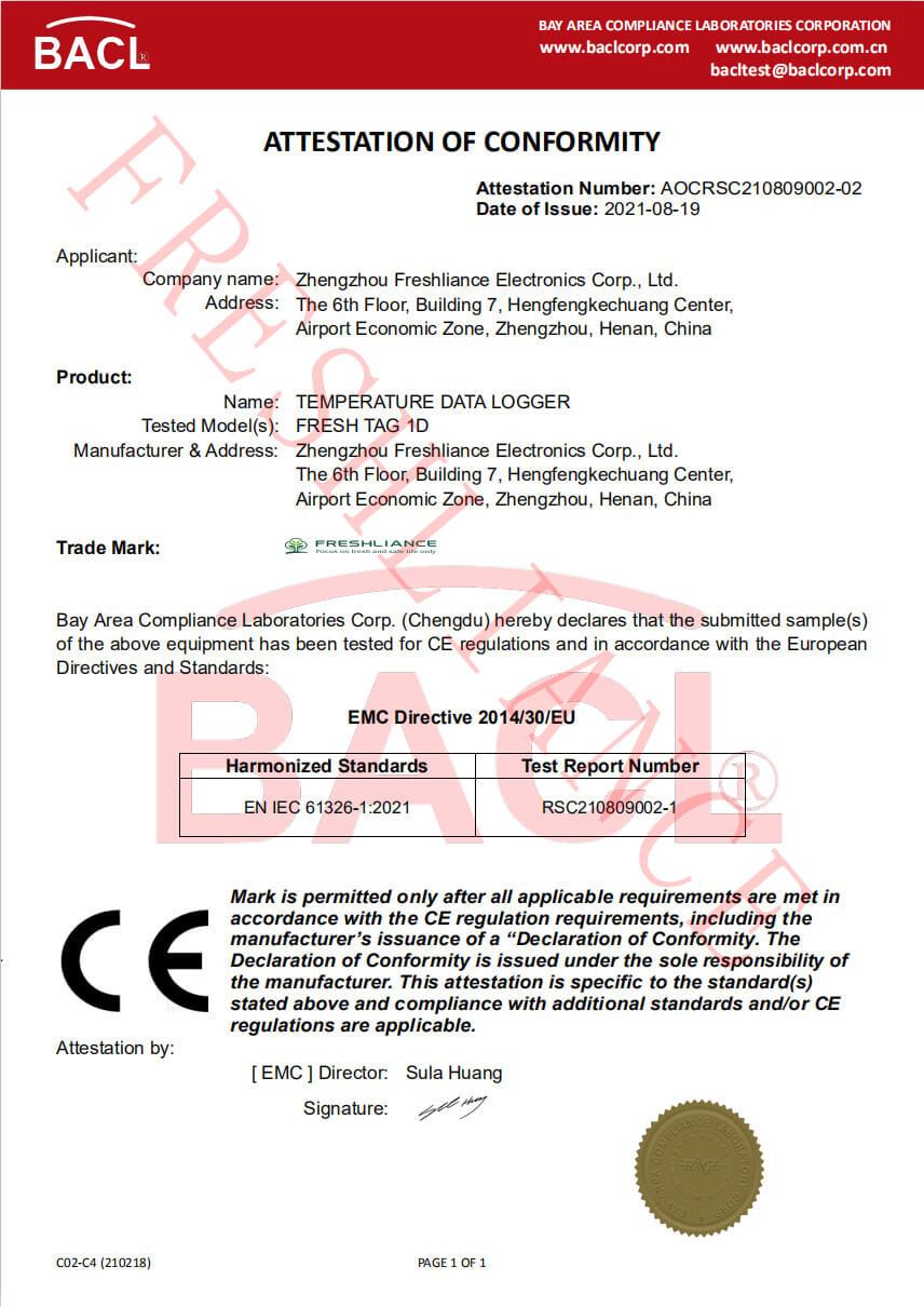 FreshTag 1D CE certificate